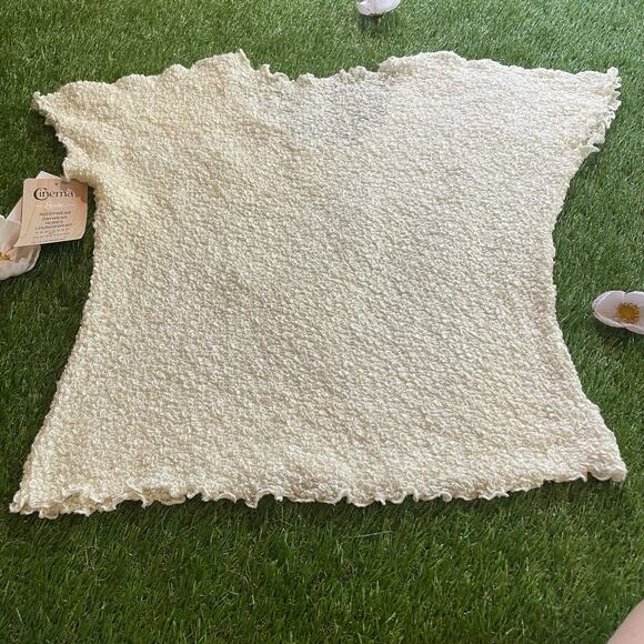 Delicate Stretchy Sheer Lettuce Trim Cream Y2K Top - Picture 3 of 5